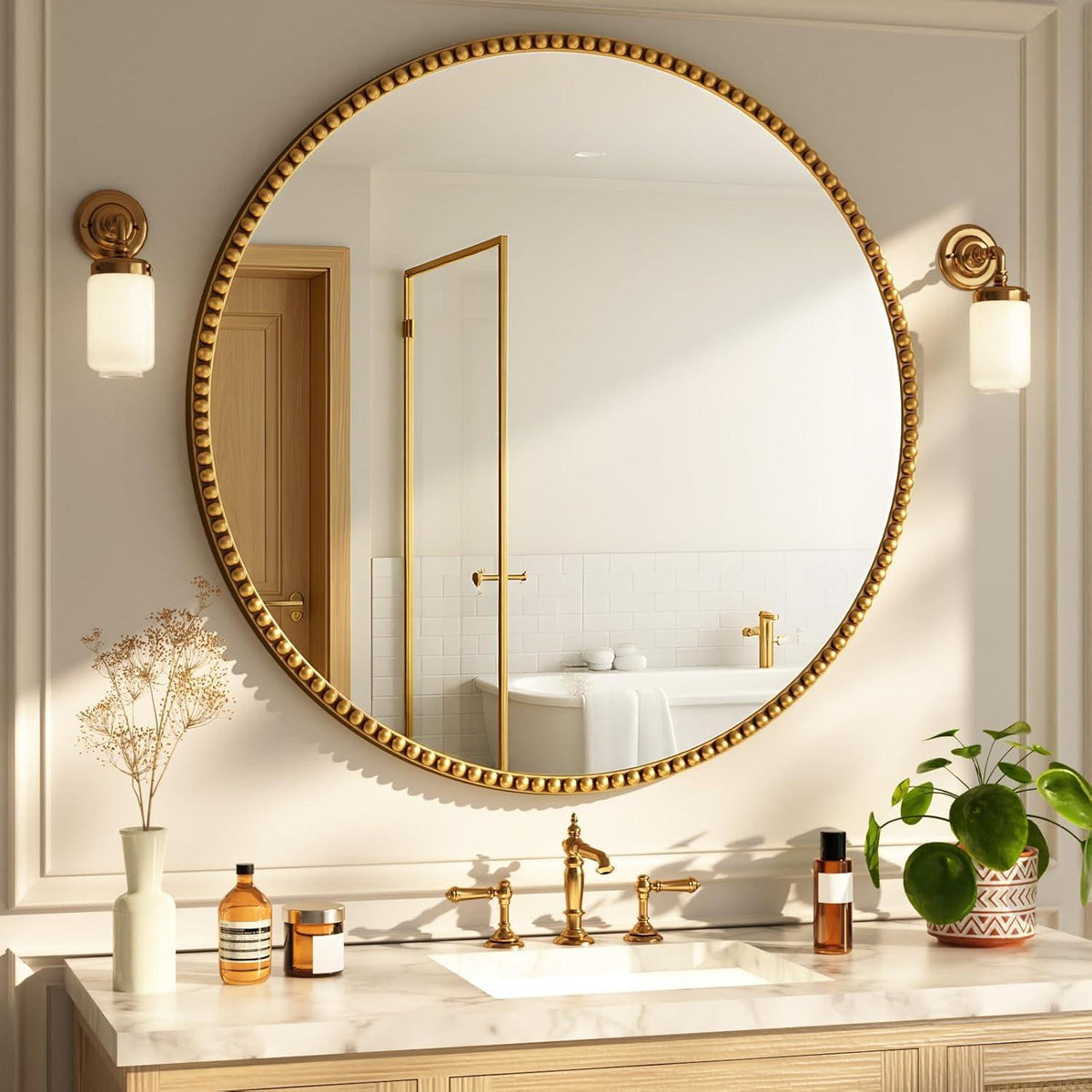 Runder Wandspiegel 80cm mit Gold PU Perlenrahmen – Retro Deko Spiegel
