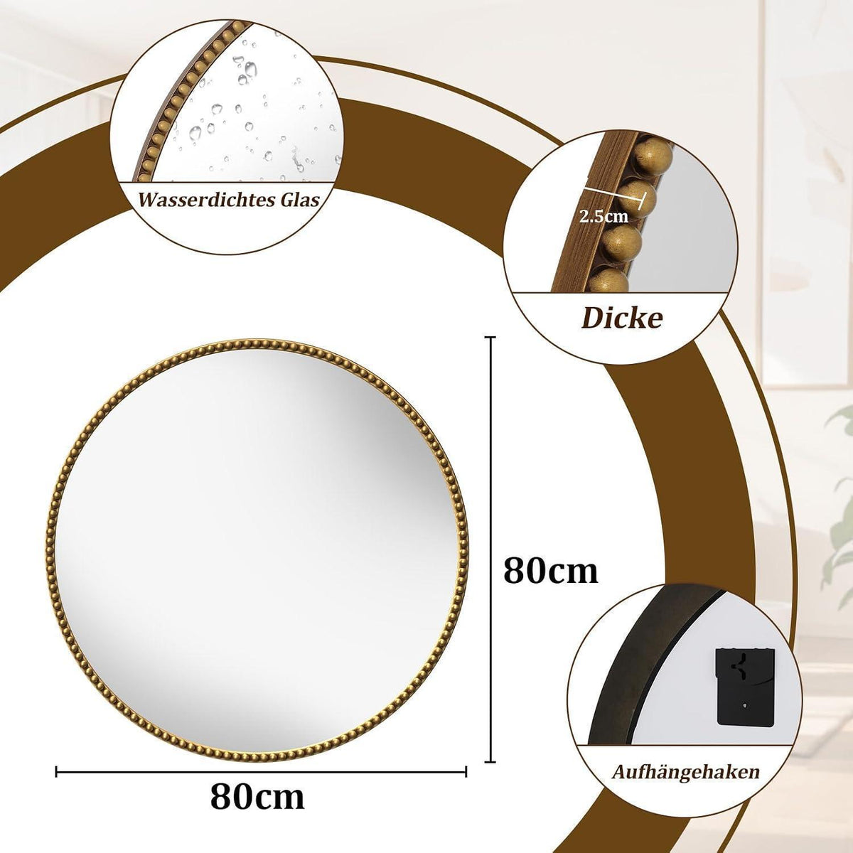 Runder Wandspiegel 80cm mit Gold PU Perlenrahmen – Retro Deko Spiegel