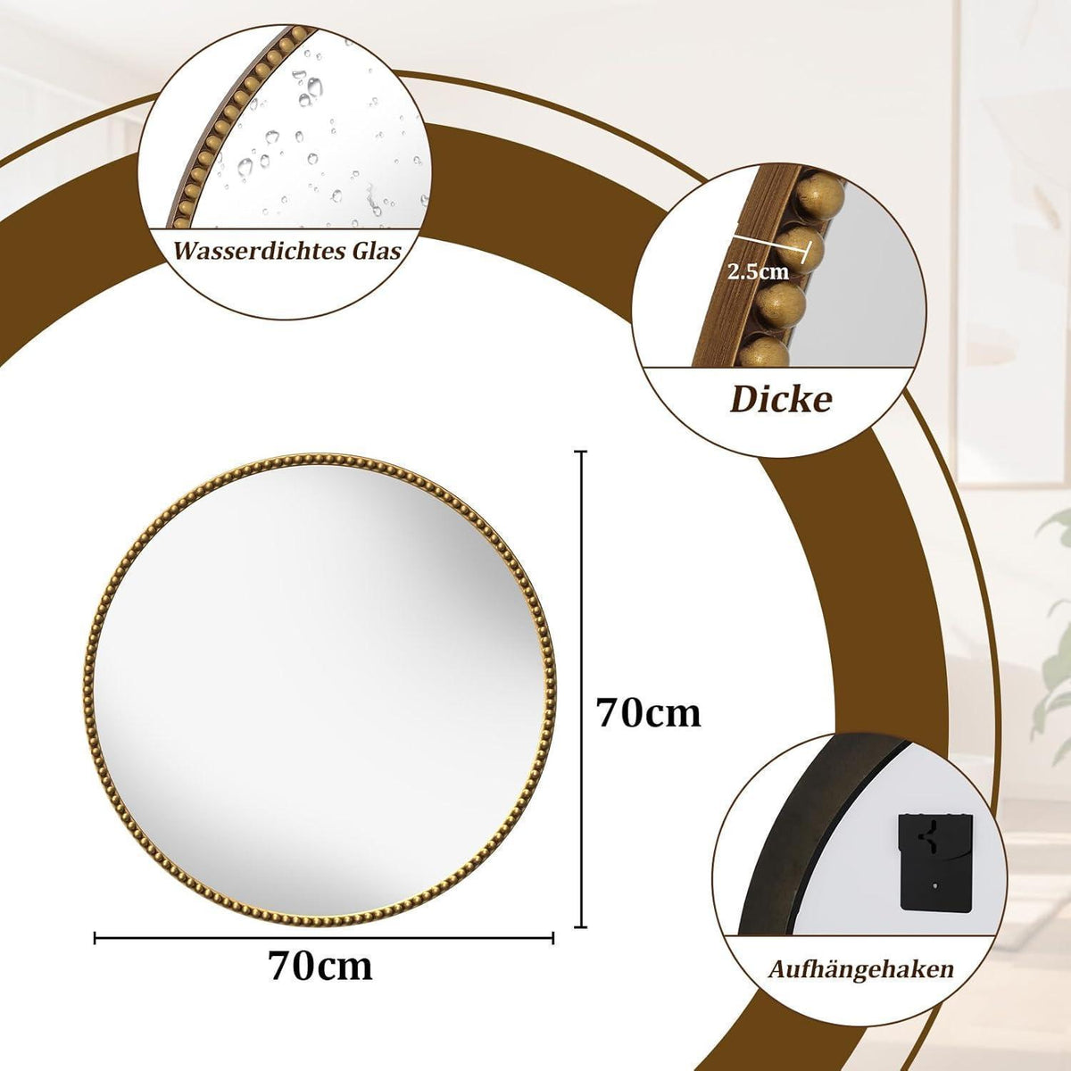 Runder Wandspiegel 70cm Gold – Retro Badezimmer Spiegel mit PU Perlenrahmen