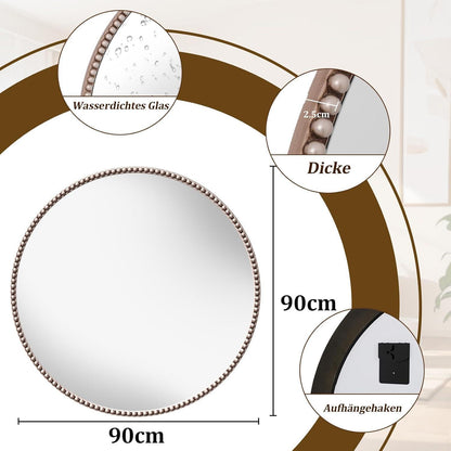Runder Wandspiegel 90cm mit PU-Perlenrahmen in Silber – Retro Design
