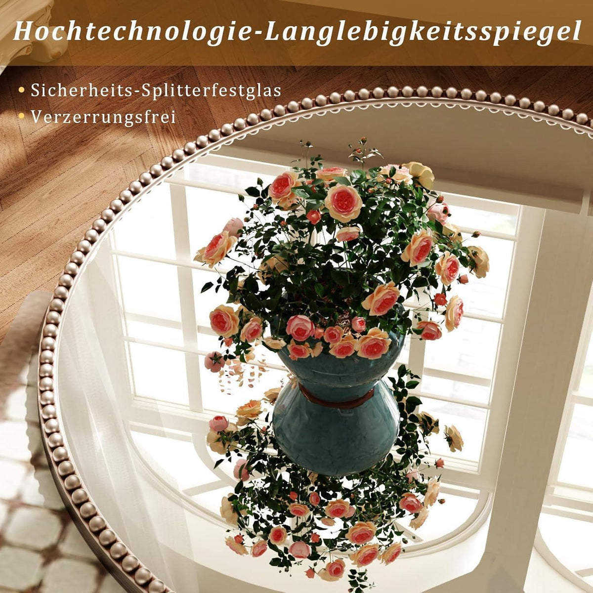 Runder Wandspiegel 70cm mit PU-Perlenrahmen in Silber – Retro Design