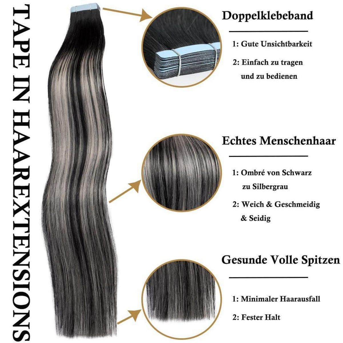 Remy Haarverlängerung Balayage Ombré Schwarz-Silbergrau 45cm