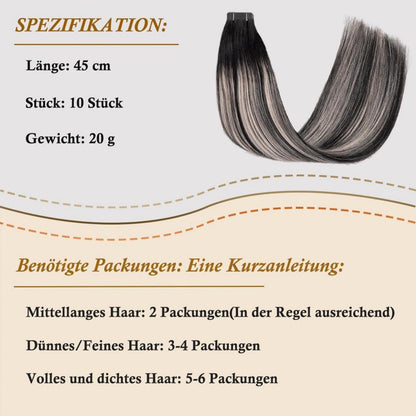 Remy Haarverlängerung Balayage Ombré Schwarz-Silbergrau 45cm