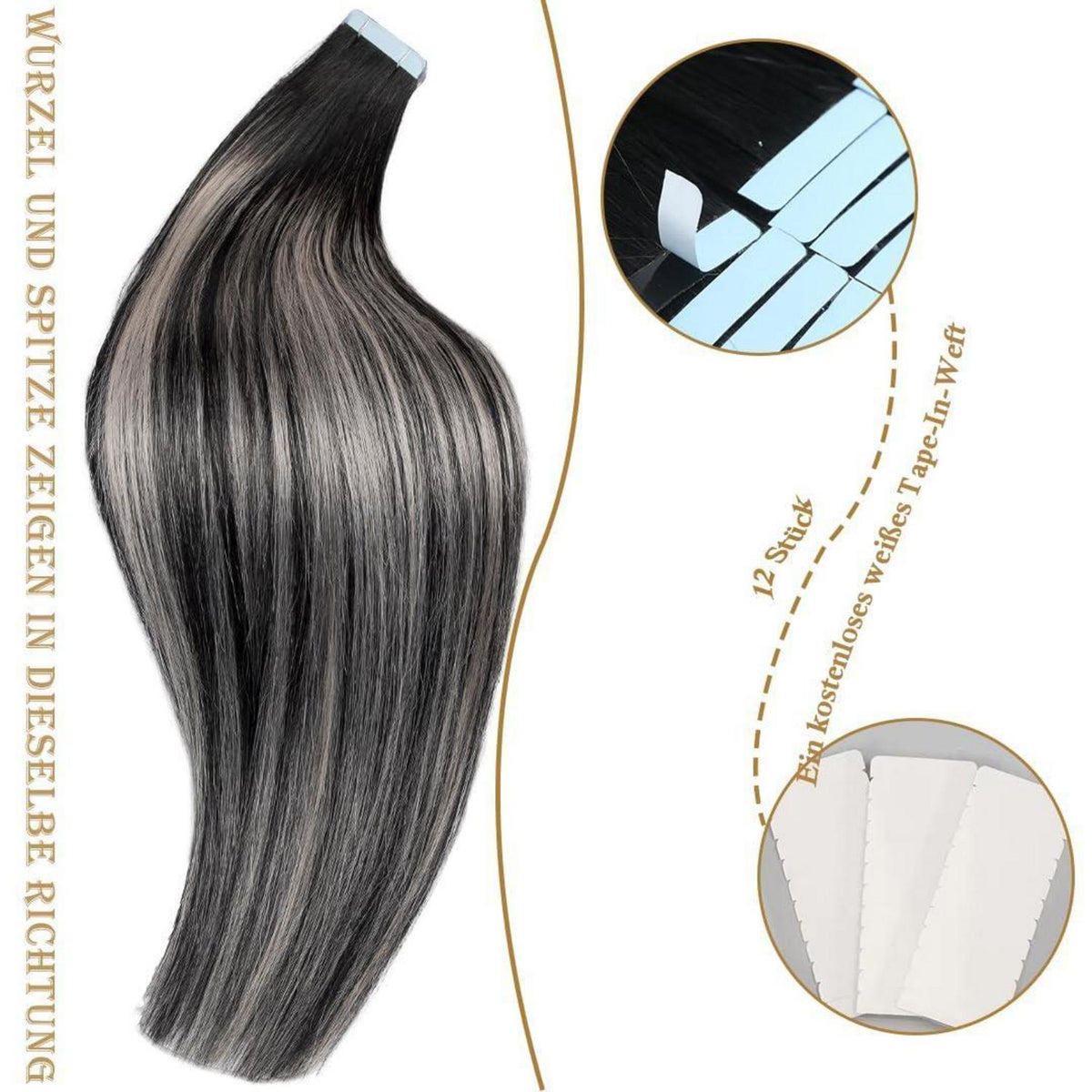 Remy Haarverlängerung Balayage Ombré Schwarz-Silbergrau 45cm