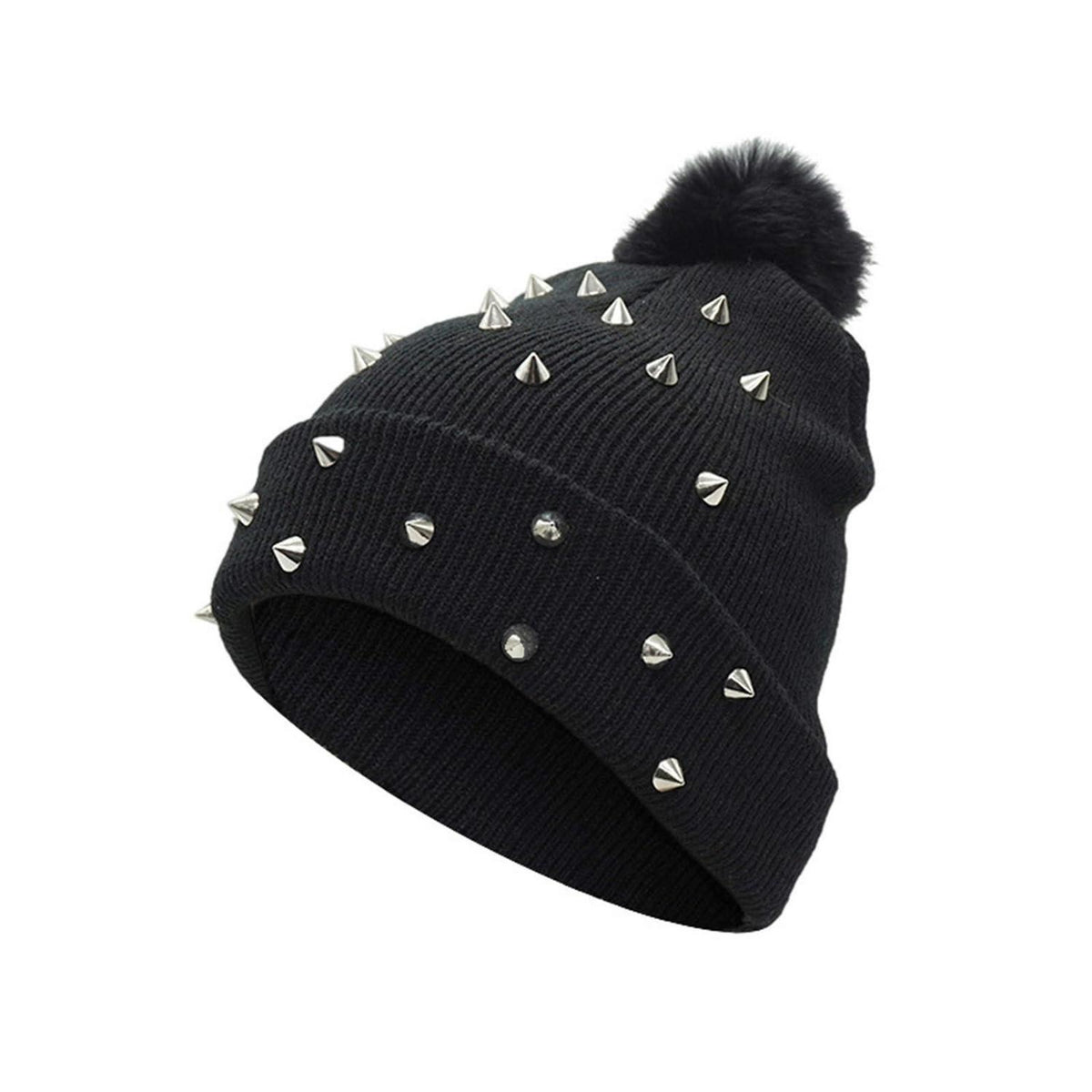 Strickmütze Punk Nieten mit Wollbommel Grunge Y2K