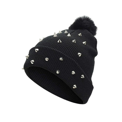 Strickmütze Punk Nieten mit Wollbommel Grunge Y2K