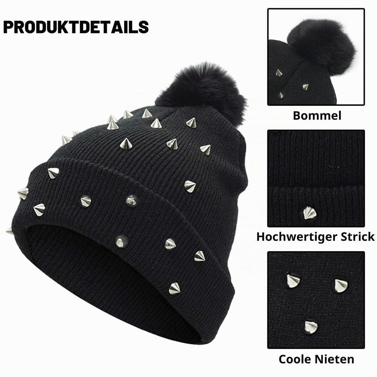 Strickmütze Punk Nieten mit Wollbommel Grunge Y2K