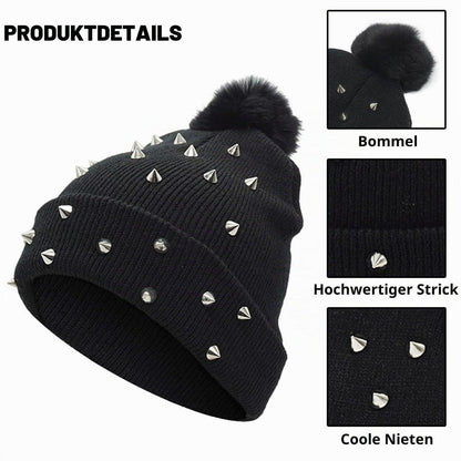 Strickmütze Punk Nieten mit Wollbommel Grunge Y2K
