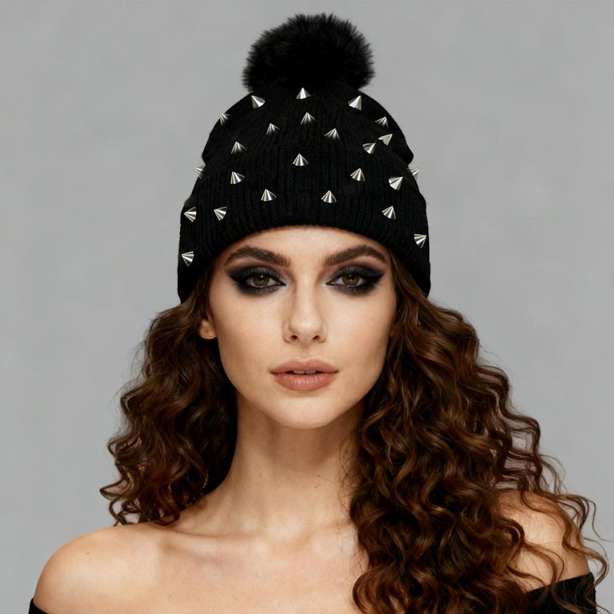 Strickmütze Punk Nieten mit Wollbommel Grunge Y2K