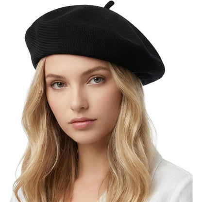 Damen Baskenmütze Sommer - Leichte Baumwoll Beanie Cap Schwarz