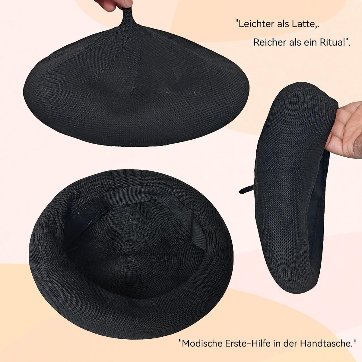Damen Baskenmütze Sommer - Leichte Baumwoll Beanie Cap Schwarz