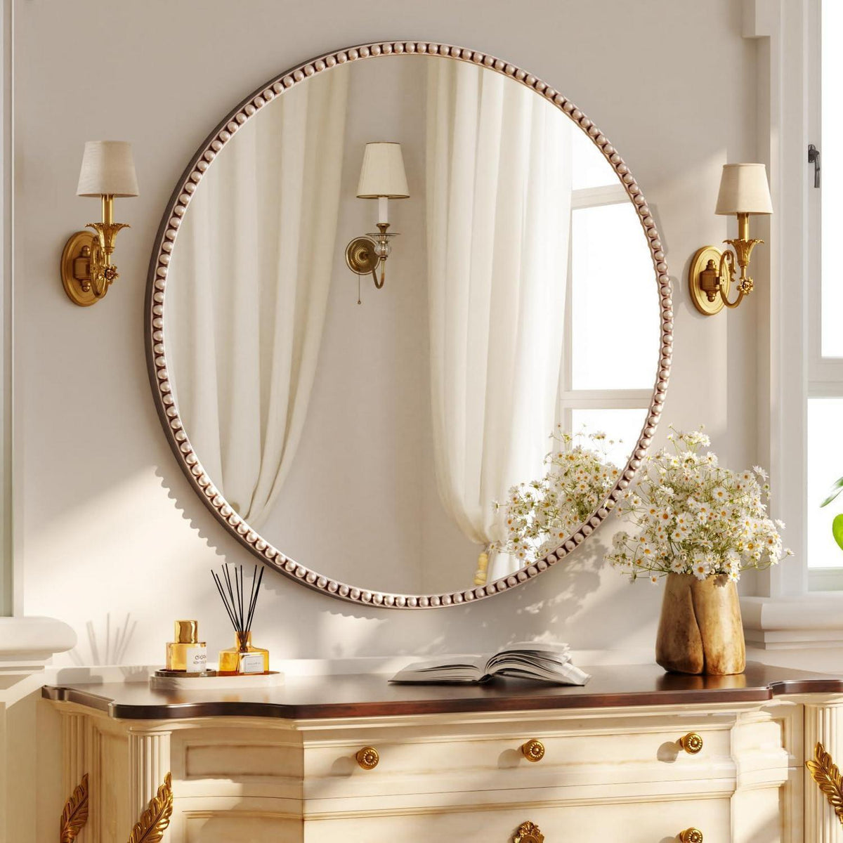 Runder Wandspiegel 80cm mit PU-Perlenrahmen in Silber – Retro Design