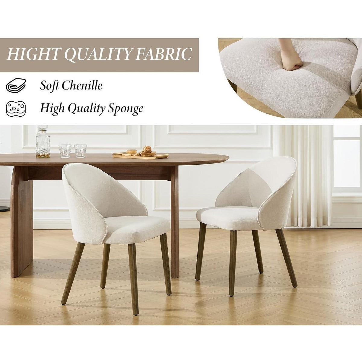 Esszimmerstühle Set 4 – Beige Chenille Polsterstuhl mit Holzbeinen
