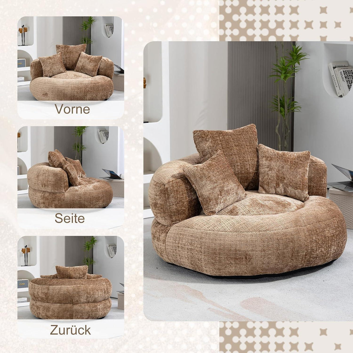 Lazy Sofa mit Hohem Rücken & 3 Kissen – Lounger Sitzsack Sofa Braun