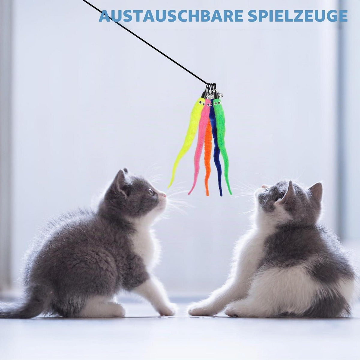 Katzenspielzeug Angel Set – 20 bunte Plüschwürmer mit Glocke
