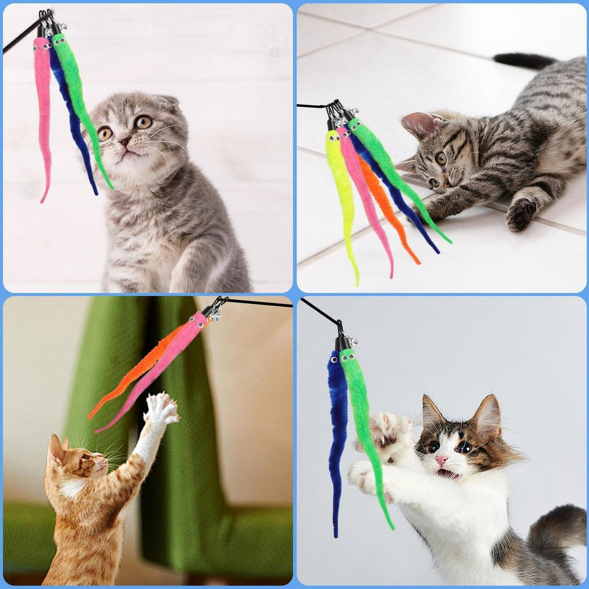 Katzenspielzeug Angel Set – 20 bunte Plüschwürmer mit Glocke