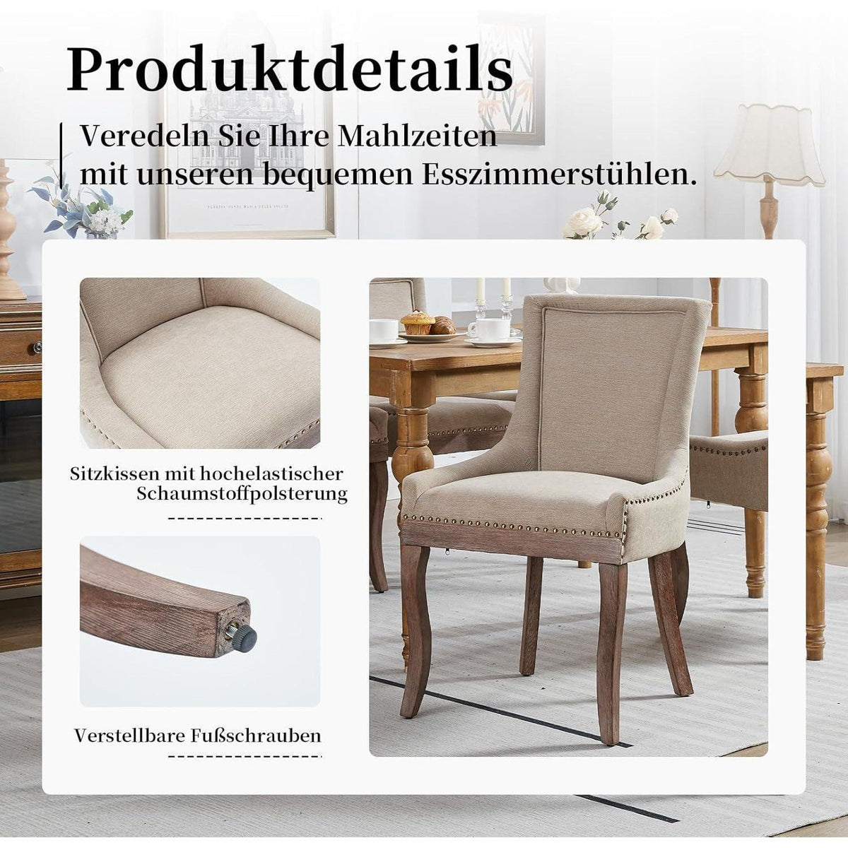 Bequeme Esszimmerstühle 6er Set mit Stoffbezug & Ziernägeln