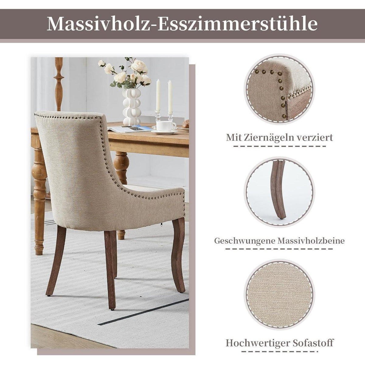 Bequeme Esszimmerstühle 6er Set mit Stoffbezug & Ziernägeln