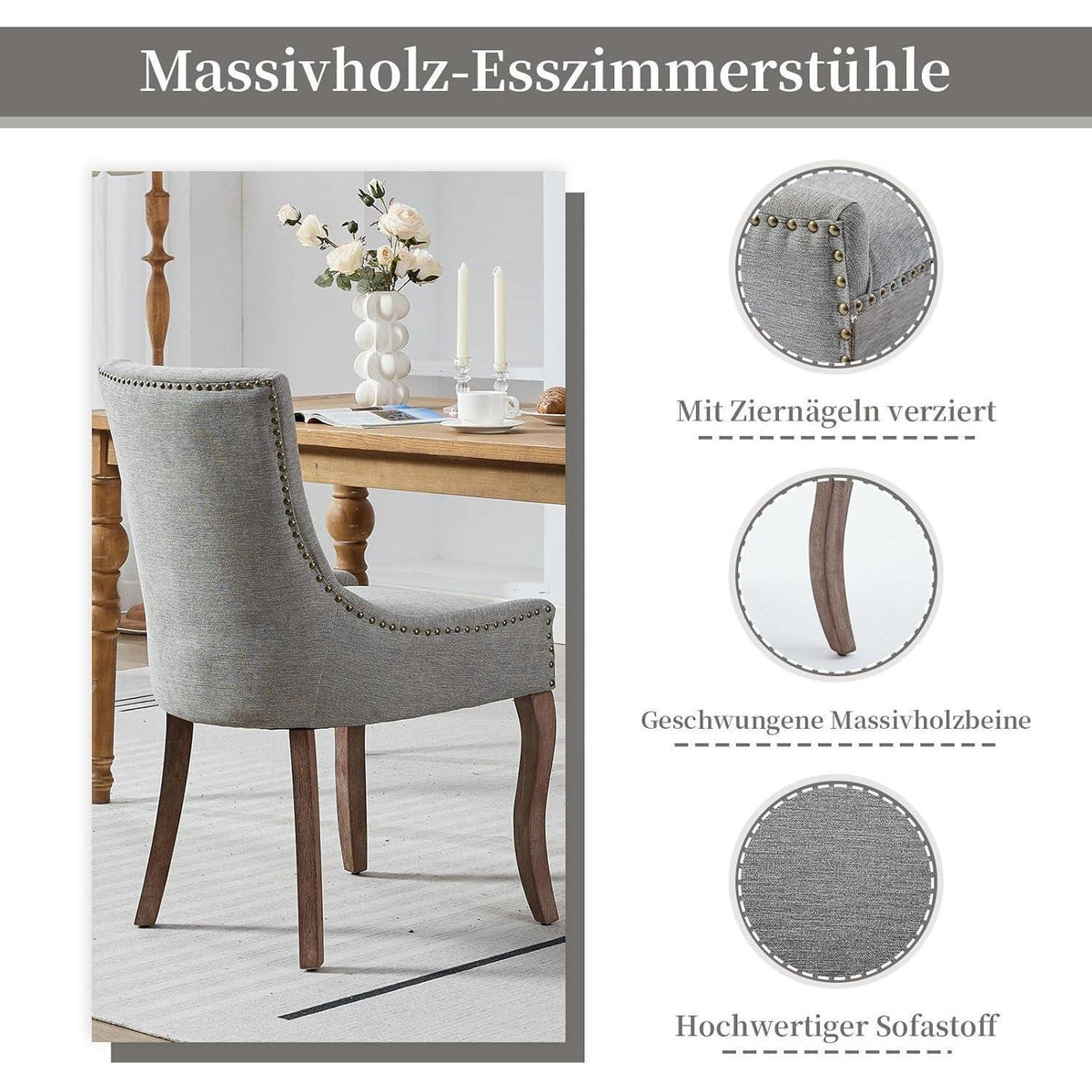 Esszimmerstuhl Set Grau, 4er-Pack, Polsterstuhl mit Holzbeinen