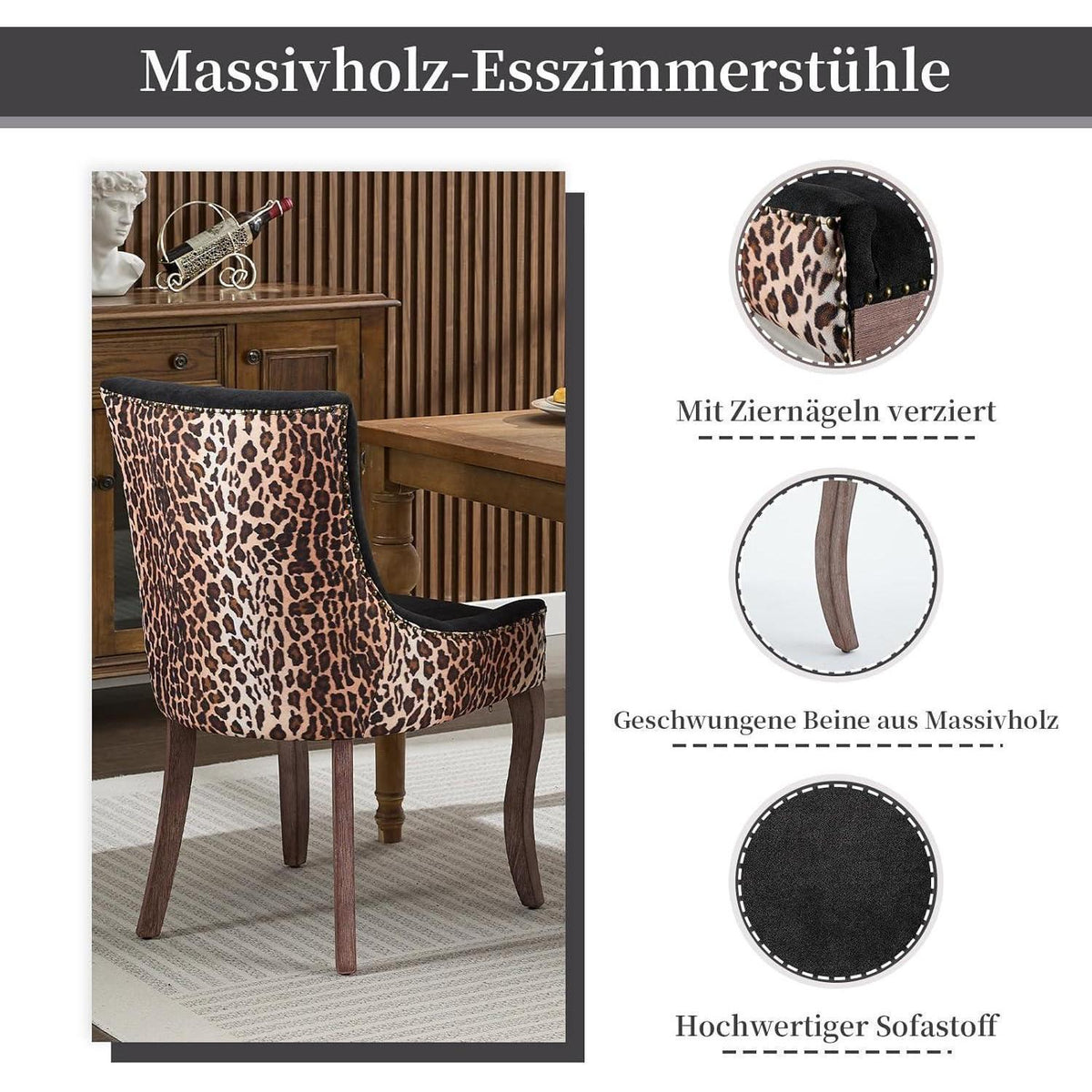 Esszimmerstuhl Set 2er – Leopardenmuster, Stoffbezug & Massivholz