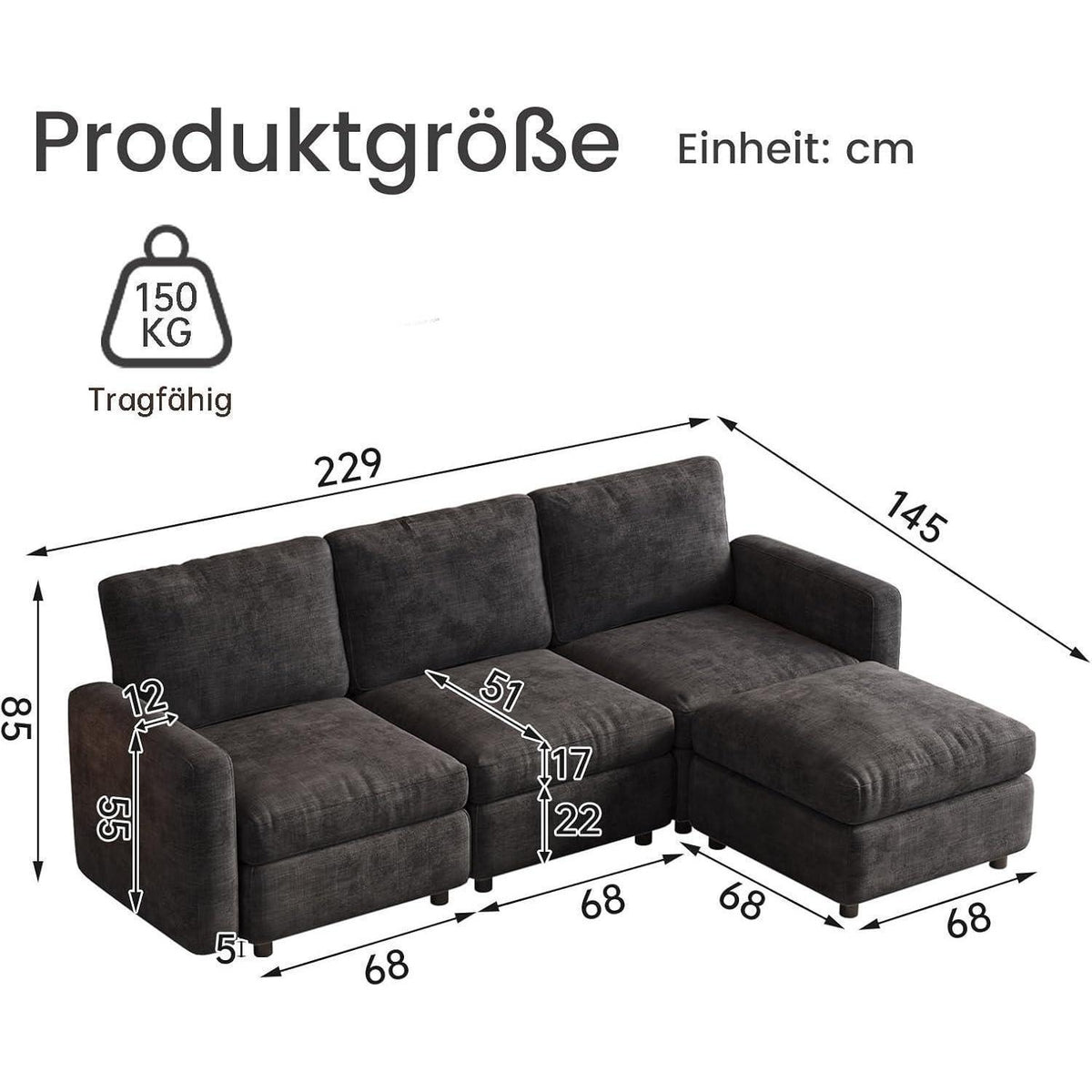 Modulares Sofa Dunkelgrau mit Schlaffunktion – Eckcouch 4-Sitzer