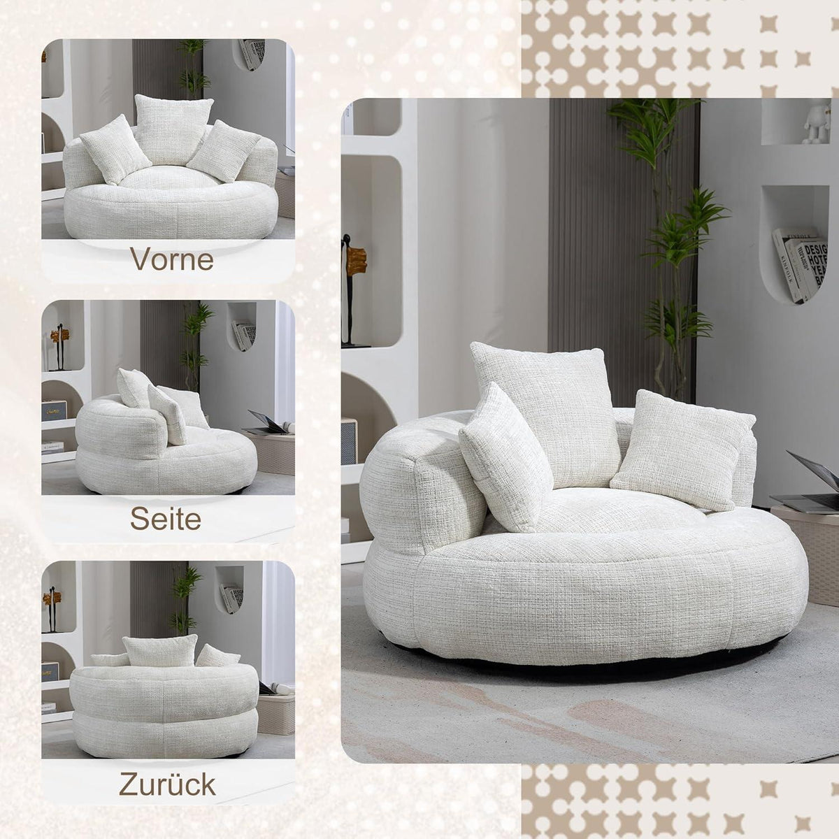 Lazy Sitzsack Sofa mit 3 Kissen – Beiges Lounger Möbel
