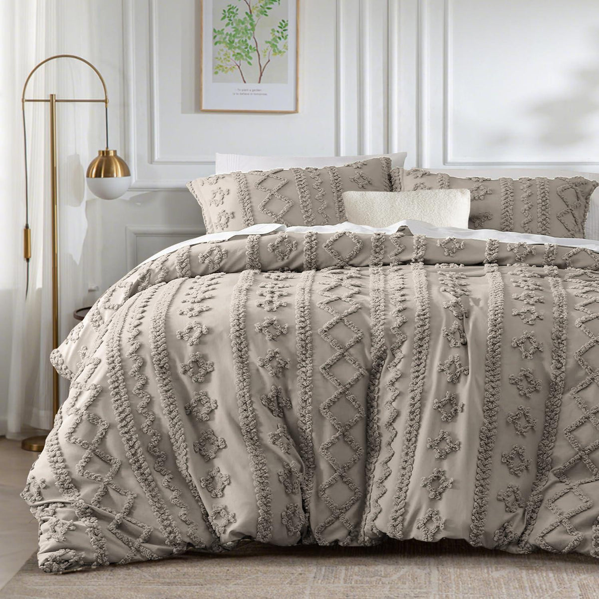 Boho Bettwäsche Set 135x200 Khaki Getuftet Geometrisch