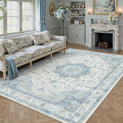 Vintage Teppich Blau 200x300cm Waschbar Rechteckig