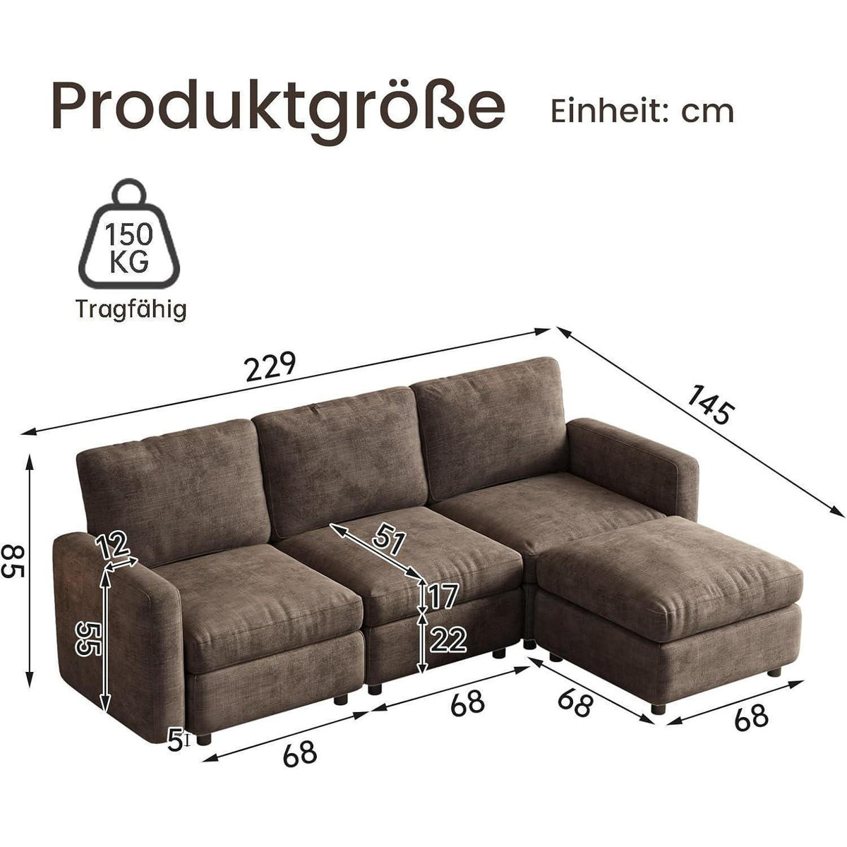 Modulares Cloud Sofa – Weiches 4-Sitzer Sofa mit Ottomanen