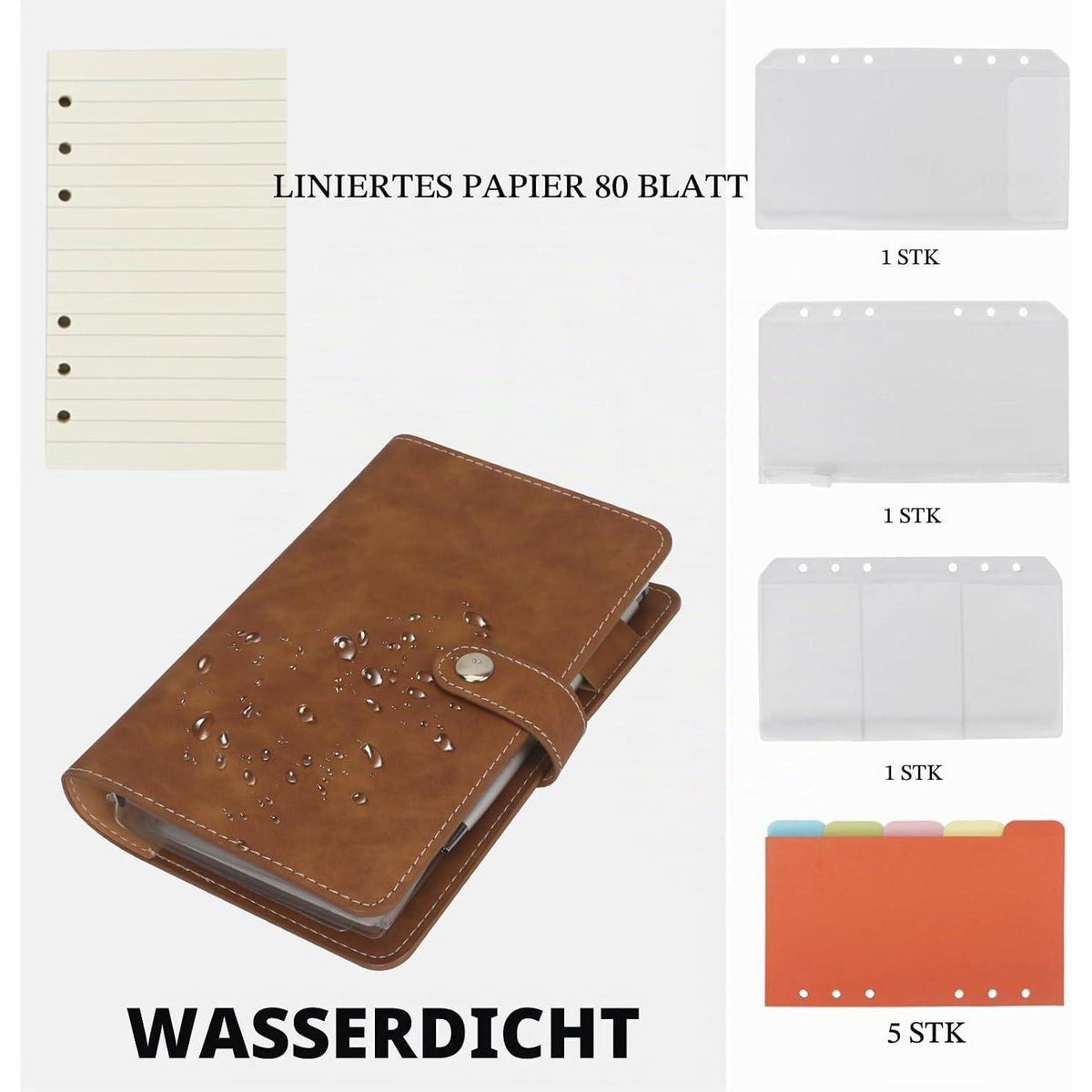 A6 Ringbuch – Notizbuch mit Papier, Taschen & Teilern in Lederoptik
