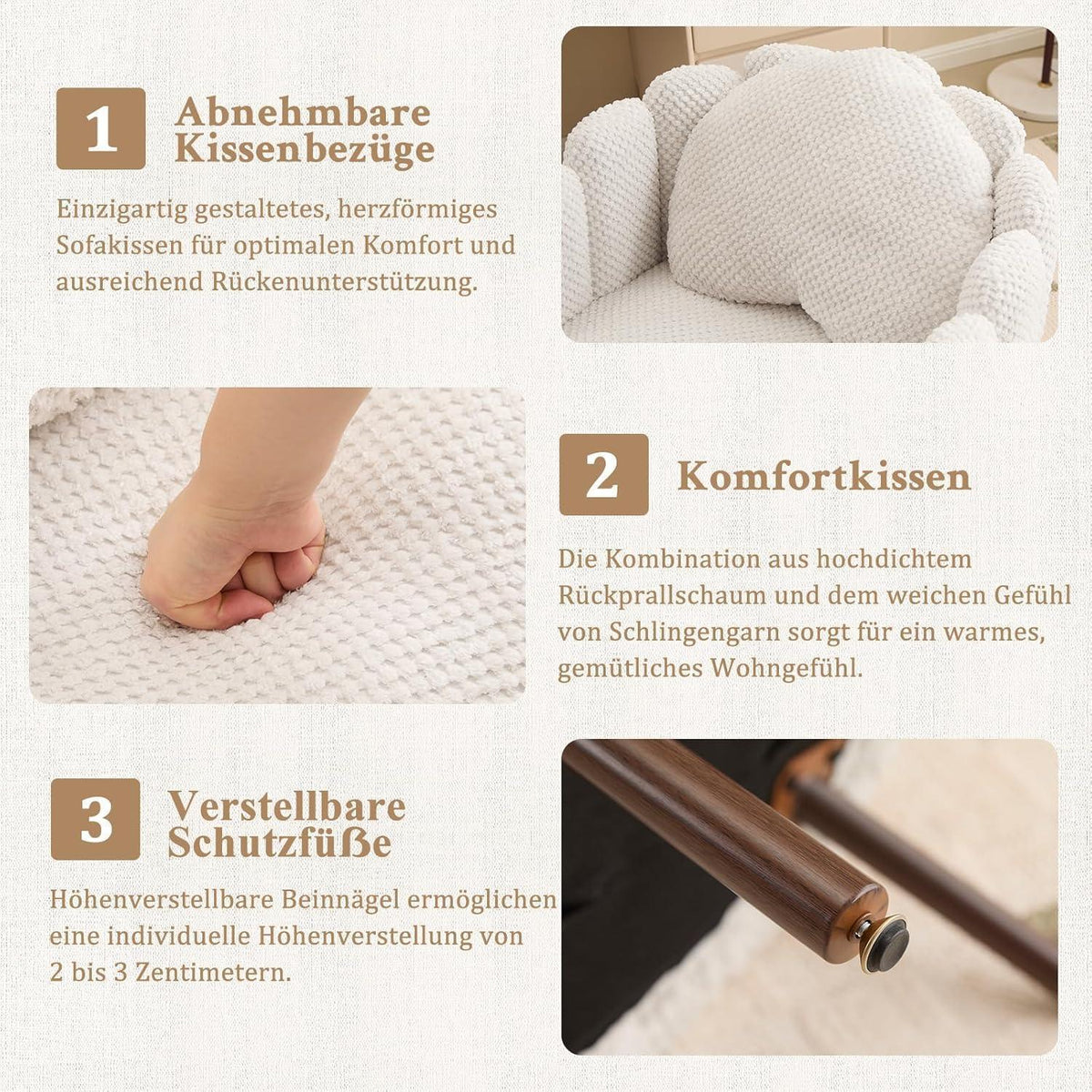 Gepolsterter Muschelsessel mit Blütenblatt-Rückenlehne, Beige