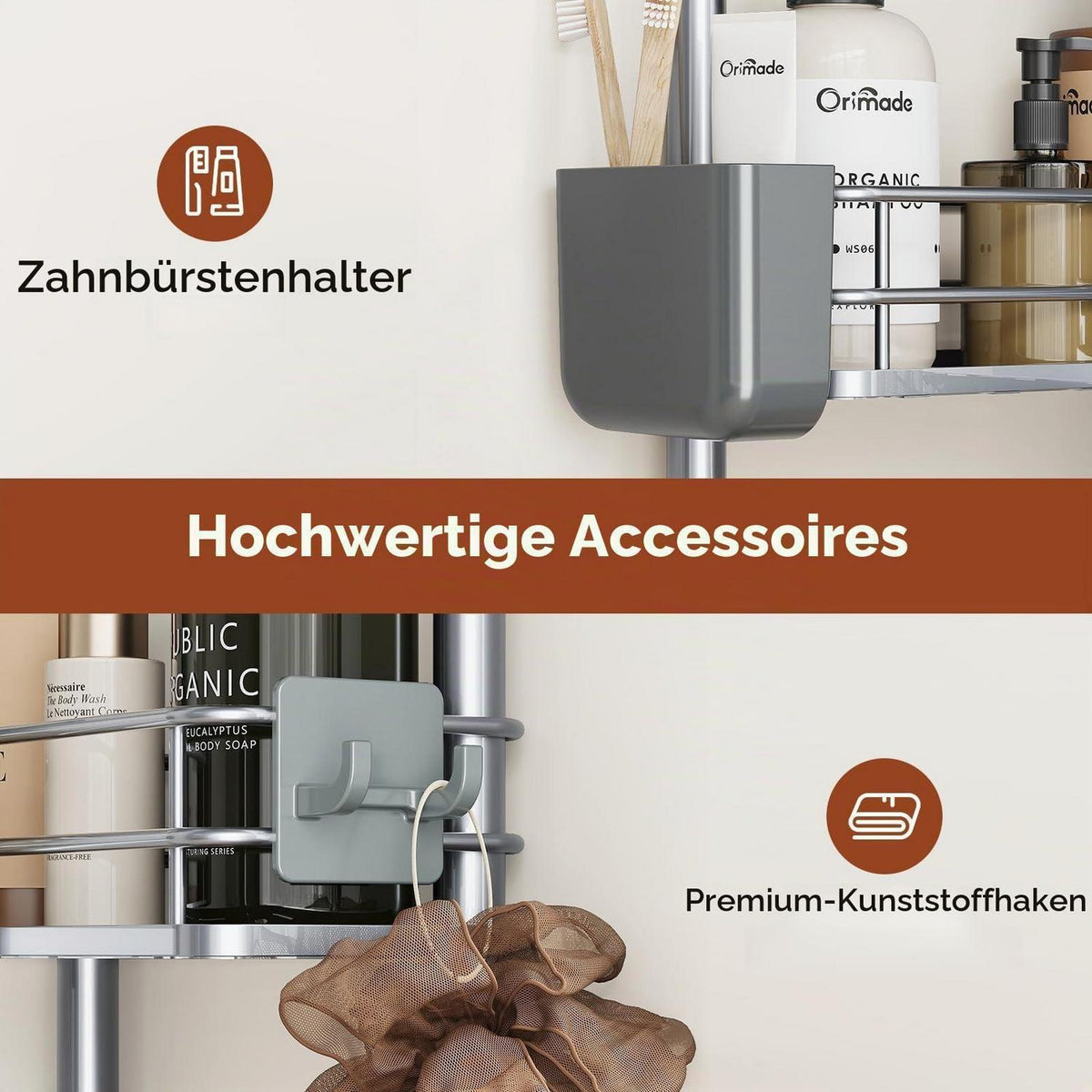 Freistehende Duschablage 4-fach rostfrei mit Haken