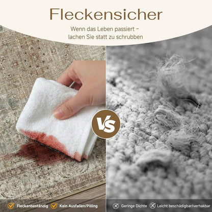 Vintage Teppich Grün Braun 200x300cm Waschbar Kurzflor