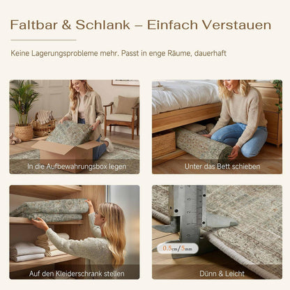 Vintage Teppich Grün Braun 200x300cm Waschbar Kurzflor