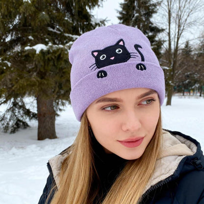 Katzenmütze Mädchen Winterbeanie Lila mit Katzenohren