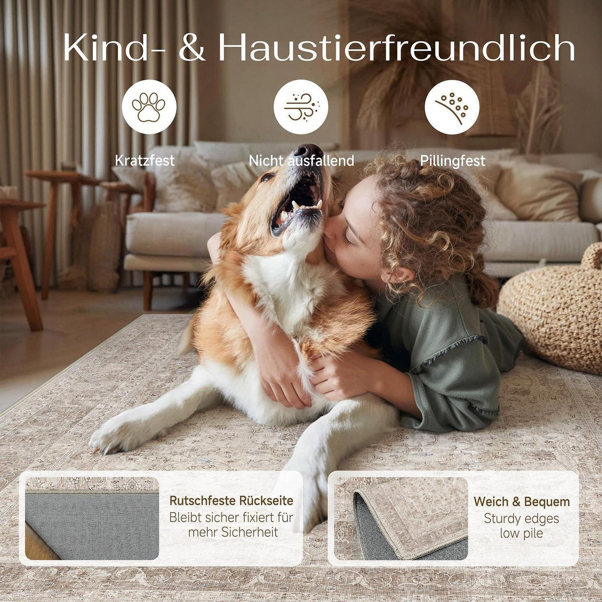 Waschbarer Beige Teppich 160x230cm – Vintage Kurzflor Wohnteppich