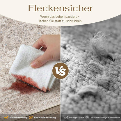 Waschbarer Beige Teppich 160x230cm – Vintage Kurzflor Wohnteppich