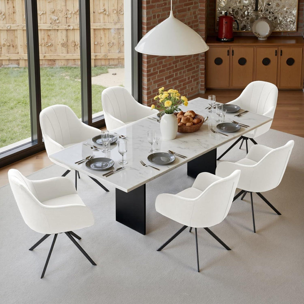 Drehbare Esszimmerstühle 2er Set mit Armlehne, Samt Creme