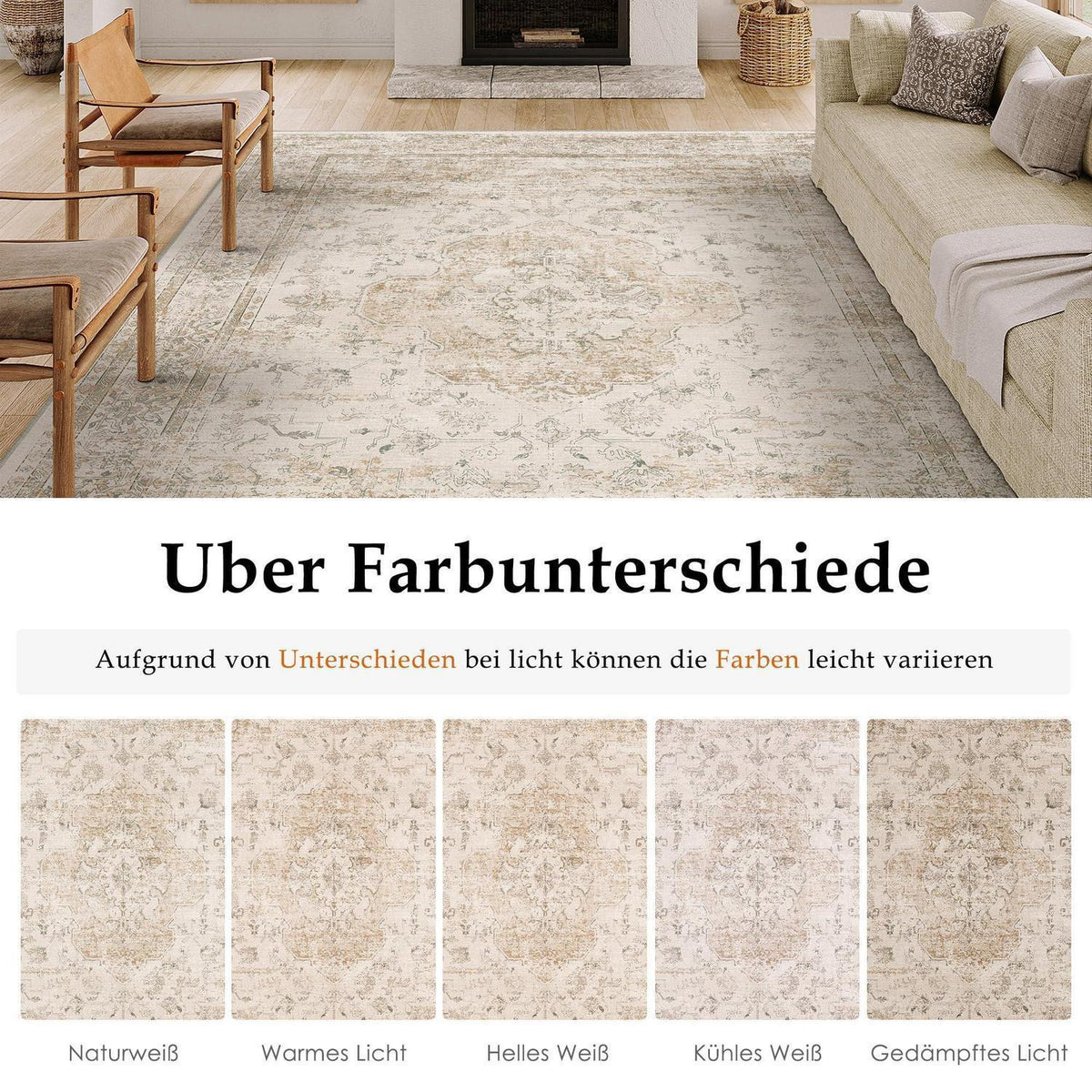 Waschbarer Vintage Teppich Beige 200x300cm Kurzflor