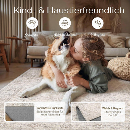Vintage Teppich Wohnzimmer 300x400cm Beige Waschbar Kurzflor