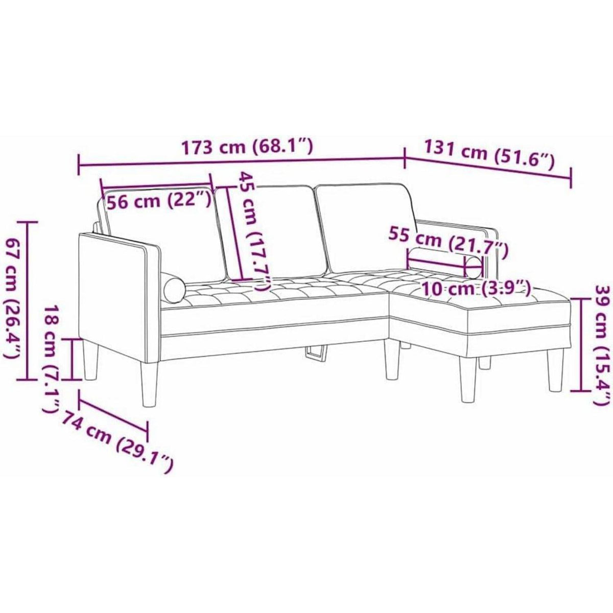 L-förmiges Ecksofa Taupe – Stoffsofa 173x131x67cm