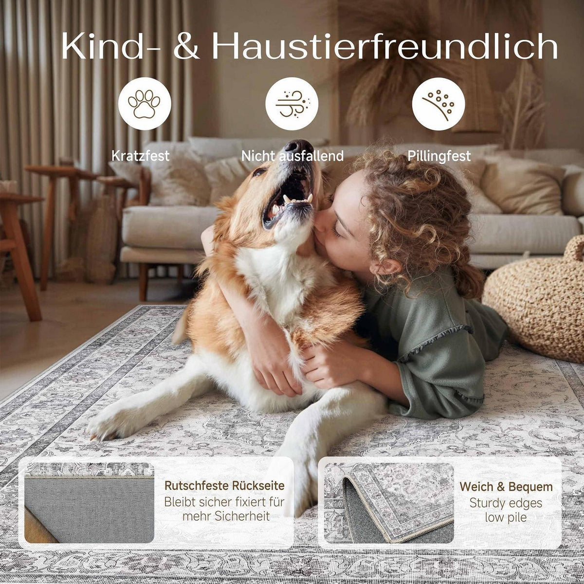Vintage Teppich Grau 300x400cm – Waschbar & Rutschfest