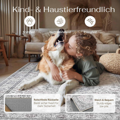 Vintage Teppich Grau 300x400cm – Waschbar & Rutschfest