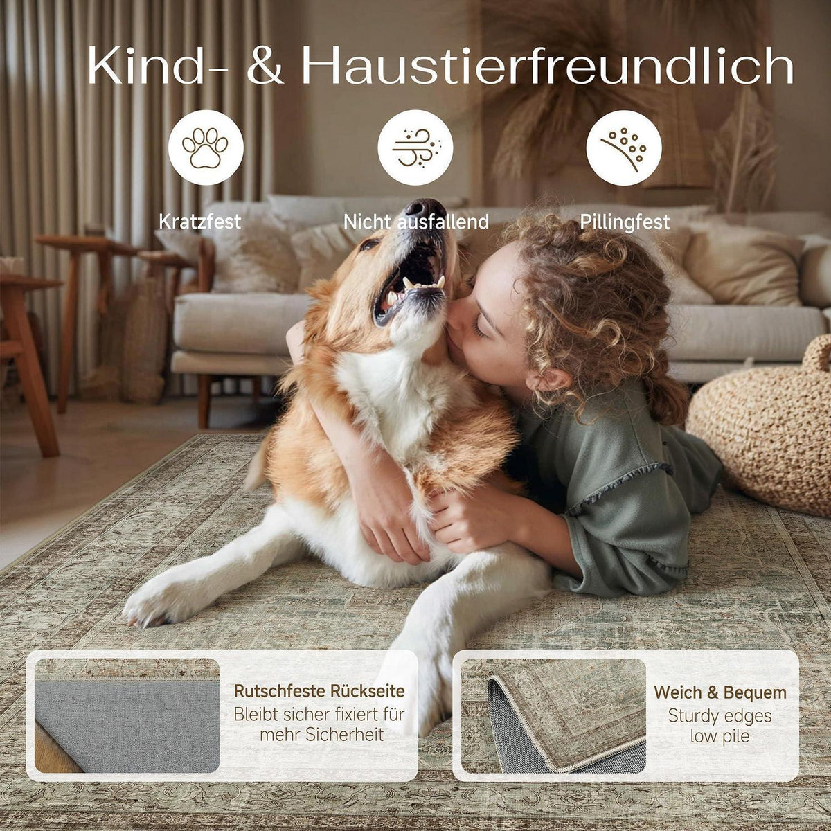 Waschbarer Teppich Grün Braun 300x400cm – Vintage Kurzflor Wohnteppich