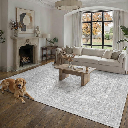 Grauer Wohnzimmerteppich 300x400cm – Waschbar & Vintage Kurzflor