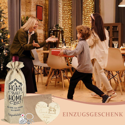 Einzugsgeschenk Set: Weinbeutel, Schlüsselanhänger & Glücksbringer