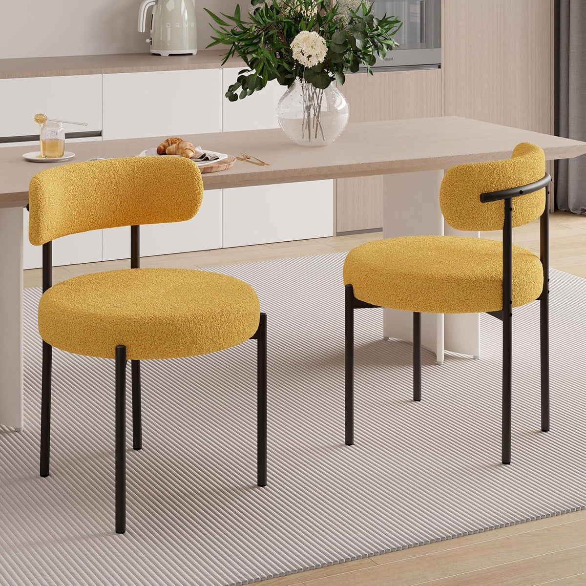Esszimmerstühle 6er Set | Teddy Stoff Bouclé | Creme Weiß & Gelb