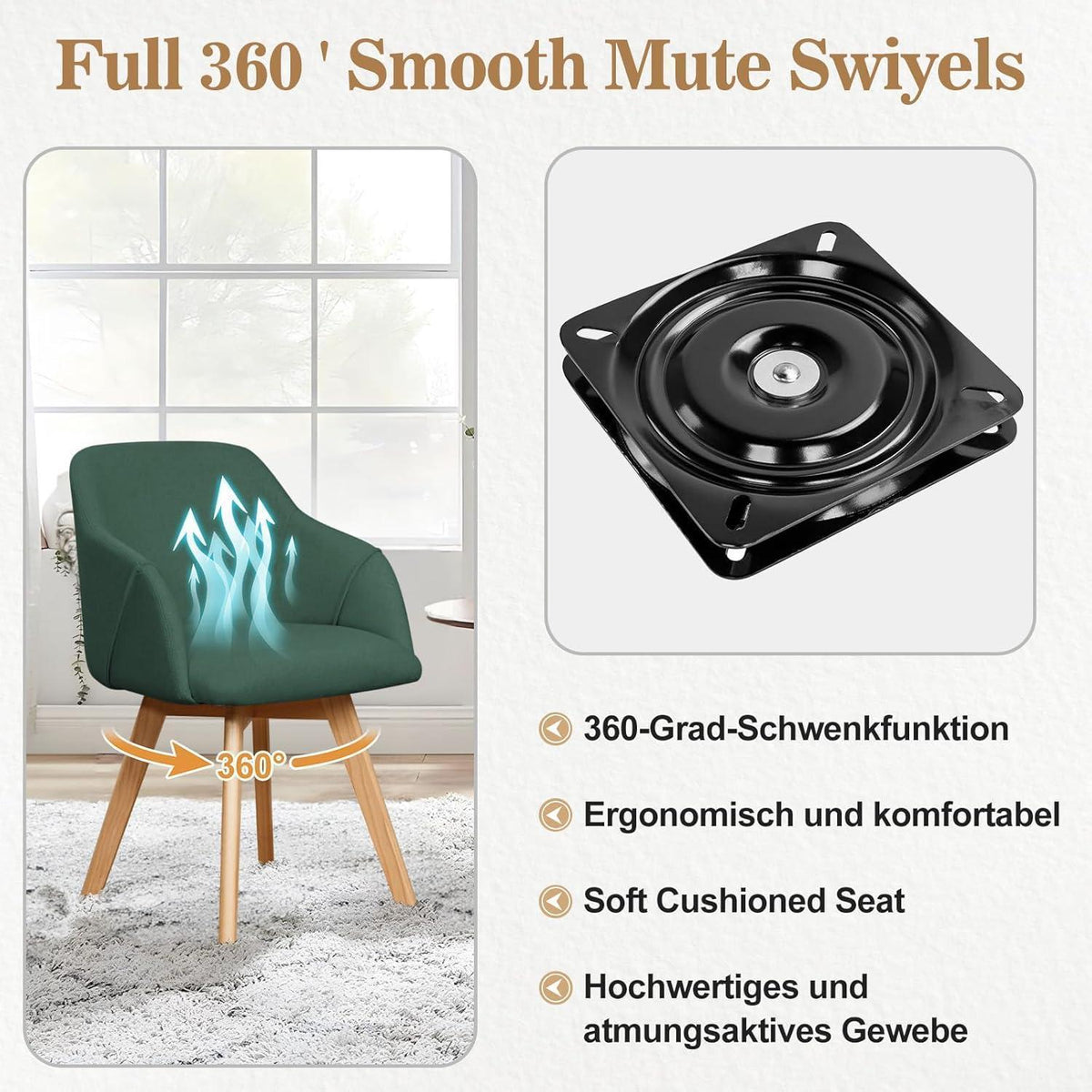 Drehbarer Esszimmerstuhl Set 2x mit Armlehne & Leinenbezug Grün