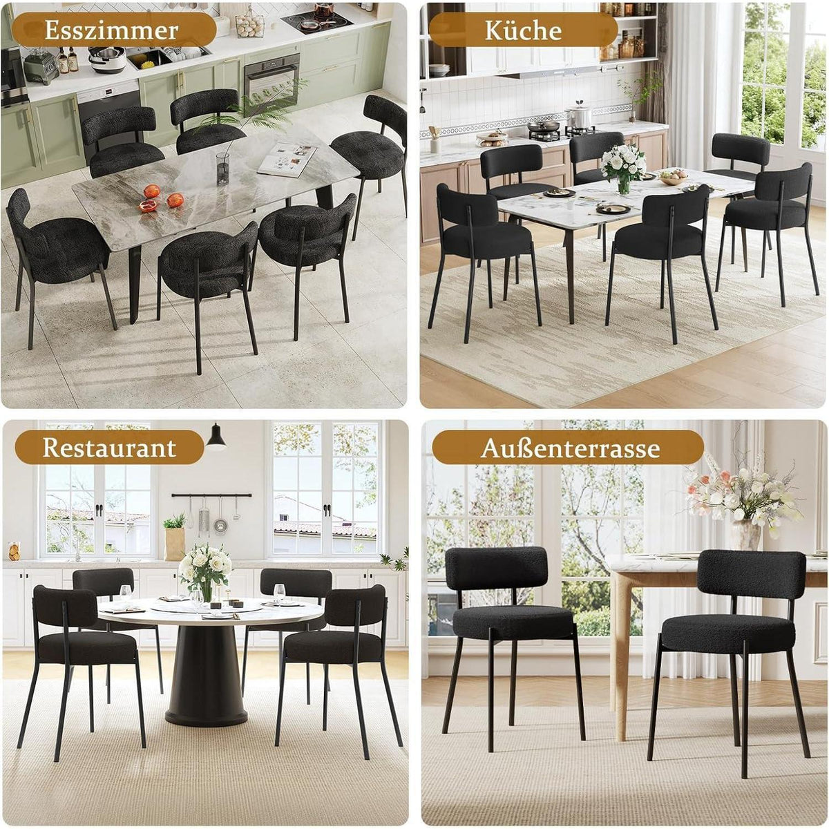 Esszimmerstühle 2er Set mit Teddy Boucle Stoff & Metallbeinen Schwarz