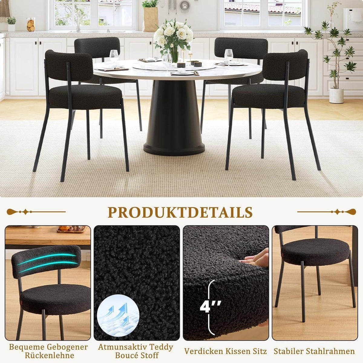 Esszimmerstühle 2er Set mit Teddy Boucle Stoff & Metallbeinen Schwarz